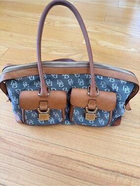 Vintage Dooney & Bourke Blue Monogram Canvas with Brown Leather Trim Satchel